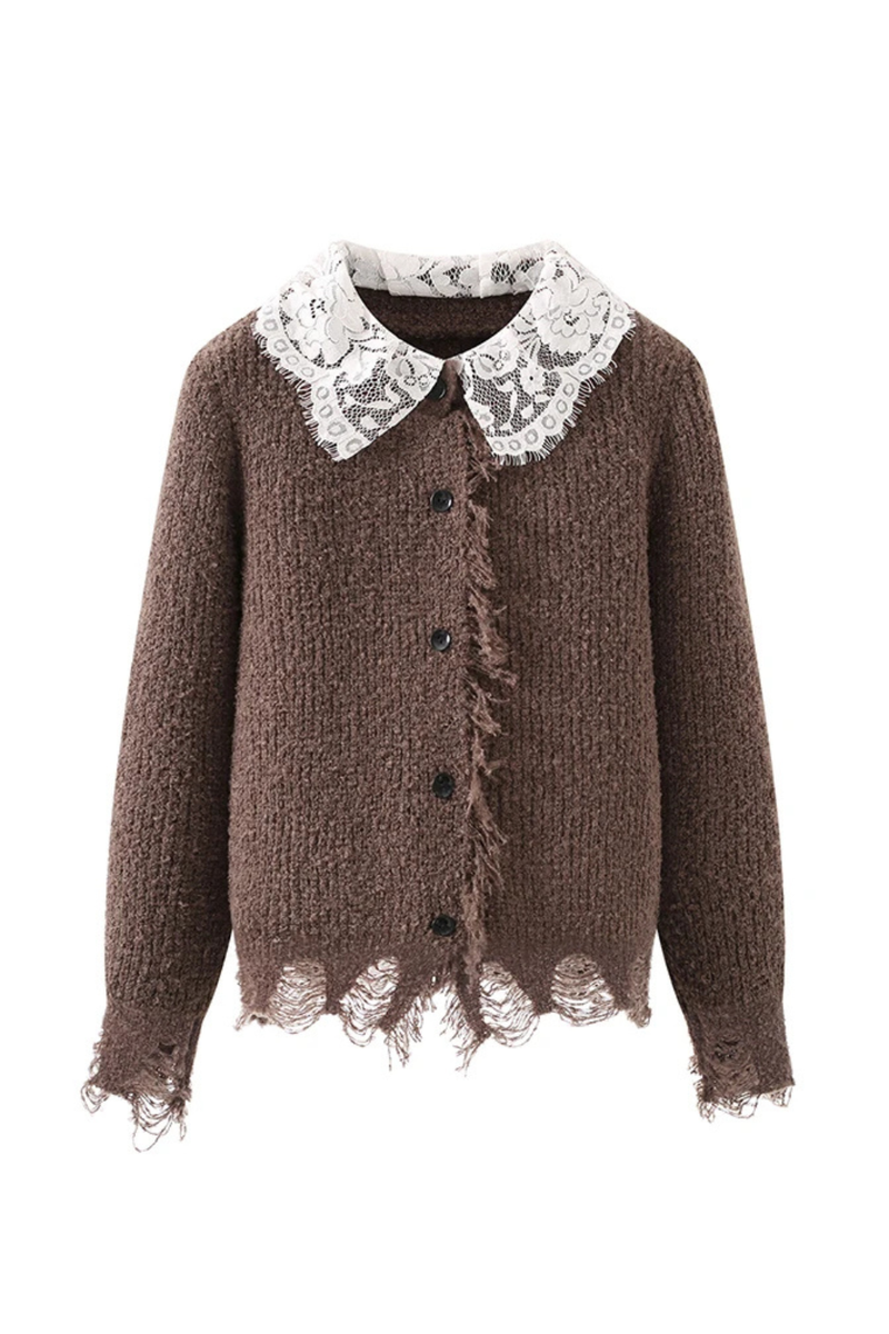 Cardigan Sweaters Women Long Sleeve Knitted Coat Lace Patchwork Design Retro Tops