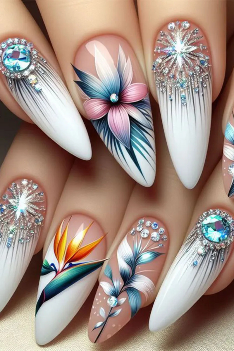 Almond Press on Nails Medium Fake Nails Flower False Nails Glitter Diamond Glue on Nails