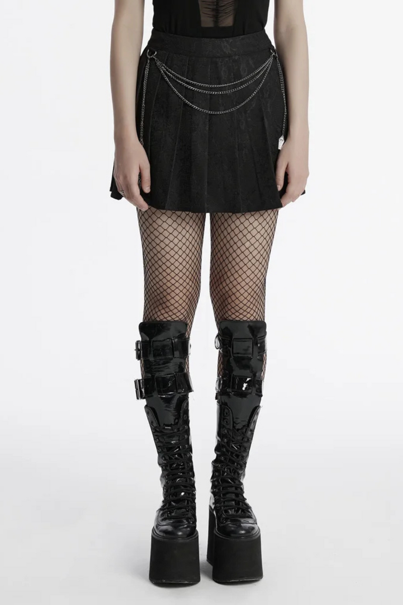 Women Punk Twill Pleated Skirt Chains Detachable Simple Floral Mini Skirts