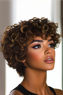 Human Hair Wig Short Curly Pixie Cut with Bangs Highlight Short Hair Wig
