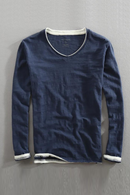 Men Long Sleeve T-shirt Cotton V-neck Solid Casual Tops Tees for Men Vintage Frayed Collar and Raw Edges Tshirt