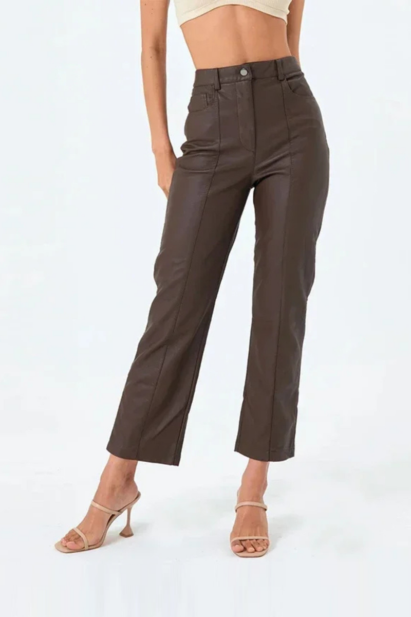 Women Leather Slim Pencil Pants Ladies Chic Elastic Splicing Straight Trousers With Pocket
