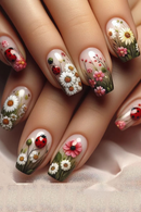 24pcs Spring Flowers False Nails Wearable Detachabe Square Press on Nails for Girls