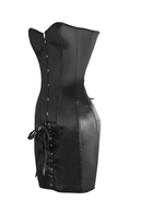 Women Overbust Corset Dress Steel Boned Black Satin Lace-up Long Torso Bustier Body Shaper Top