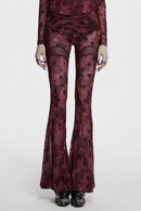 Women Gothic Crescent Hollowed Moon Mesh Flare Pants Crotch Pleat Design Trousers