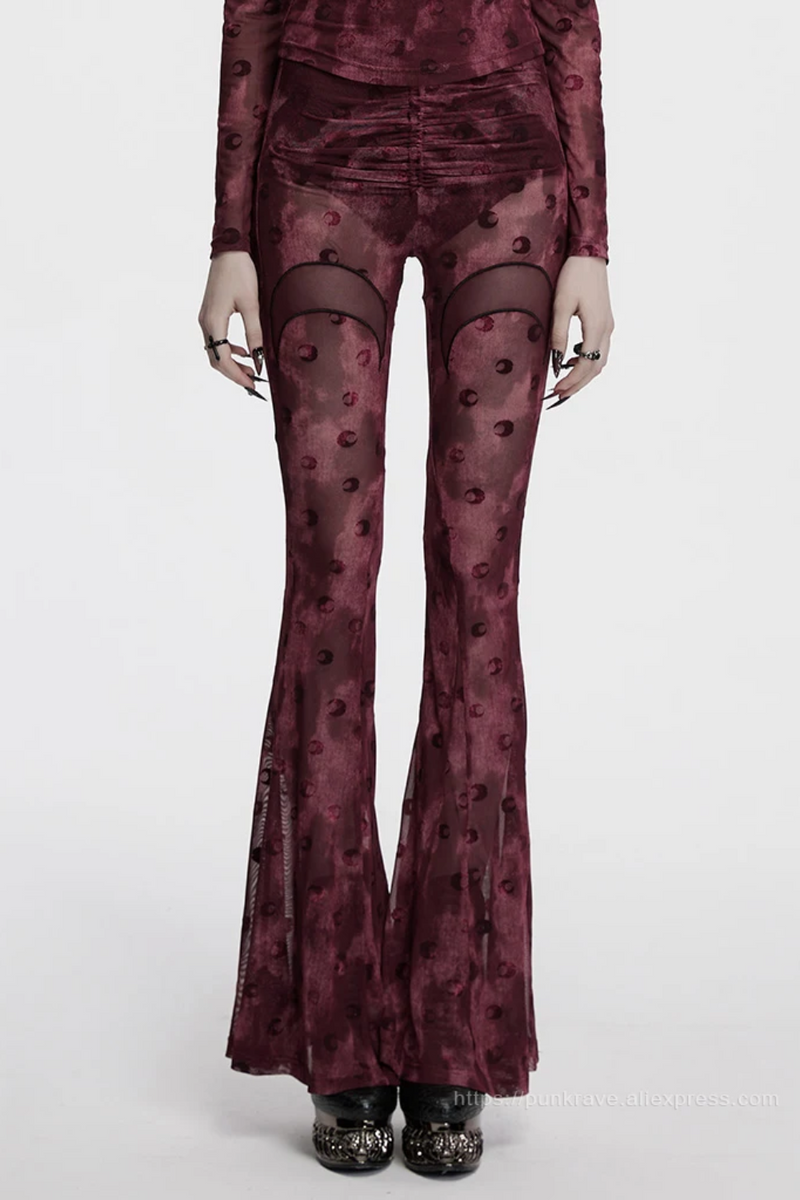 Women Gothic Crescent Hollowed Moon Mesh Flare Pants Crotch Pleat Design Trousers