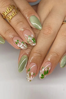 Design Press on False Nails with Flower Pattern Short Almond Round Head Nails Set