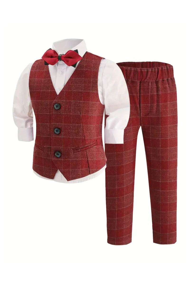Boys Plaid Vest Pants Bowtie 3Pieces Formal Wedding Birthday Outfit Suit Kids