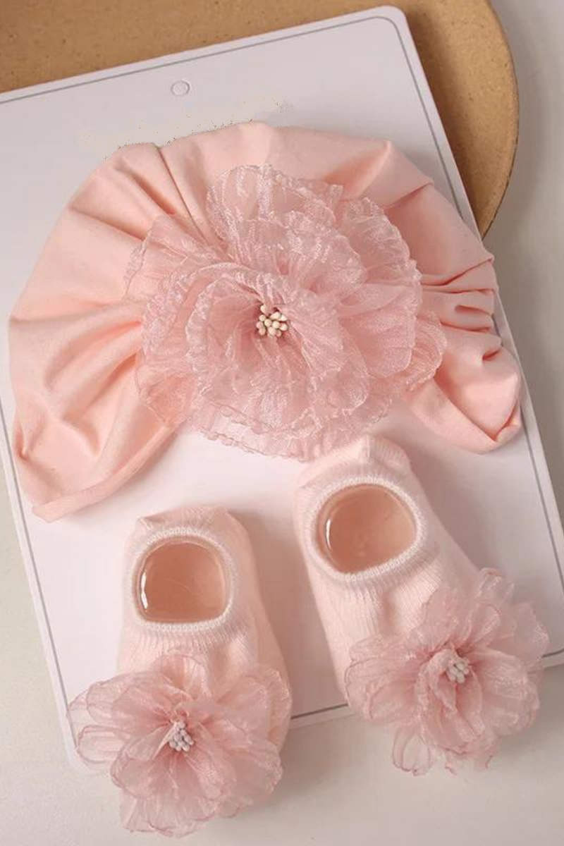 Princess Baby Girls Hat Socks Lace Flower Newborn Cap Headwrap Solid Floral Infant Girls Hats Turban Gift