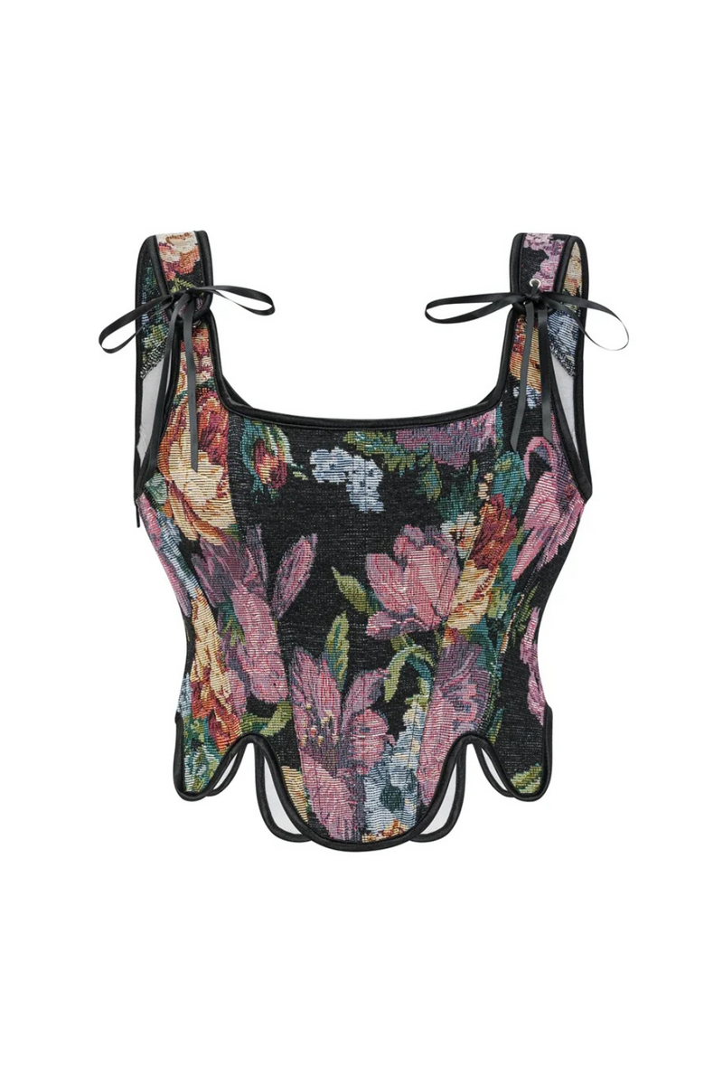 Retro Flower Corset with Shoulder Straps Women Gothic Brocade Crop Top Bustier Shapewear Corselet