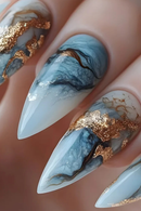 24pcs Blue Drift Sand False Nails Tips Wearable Detachable Almond Shaped Press on Nails