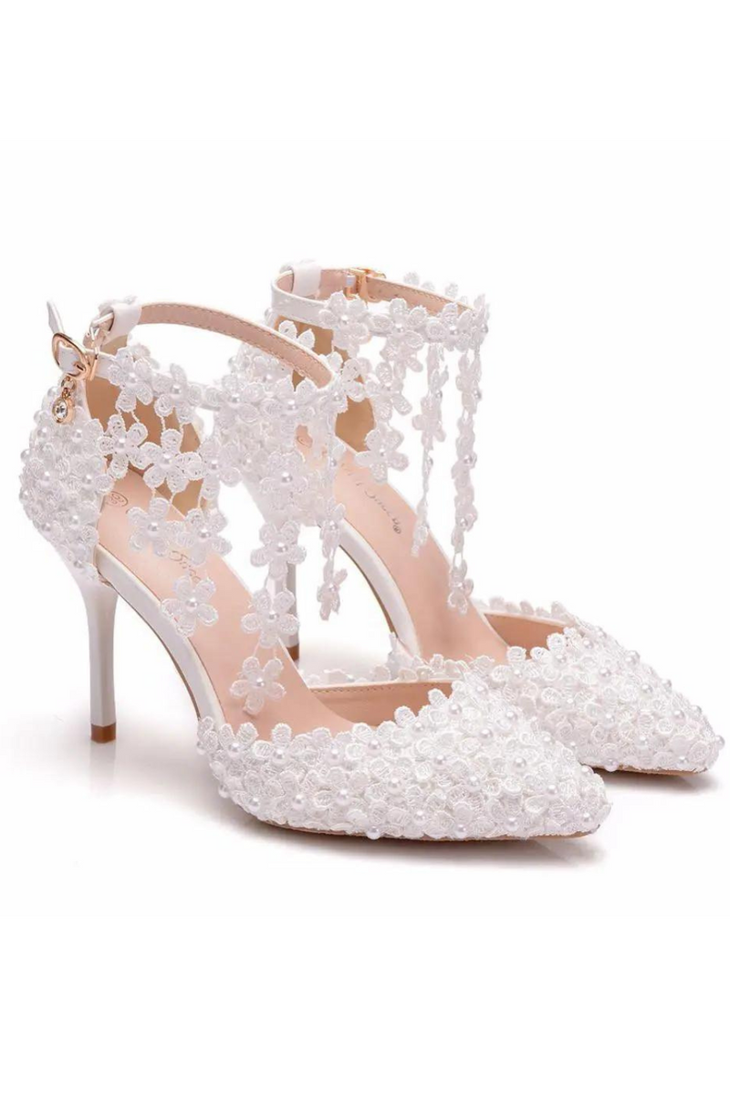 Crystal Queen Rhinestone Pointed Toe Women High Heels Flower Lace Ankle Strap Sandals Pearl Decoration Party Wedding Shoes