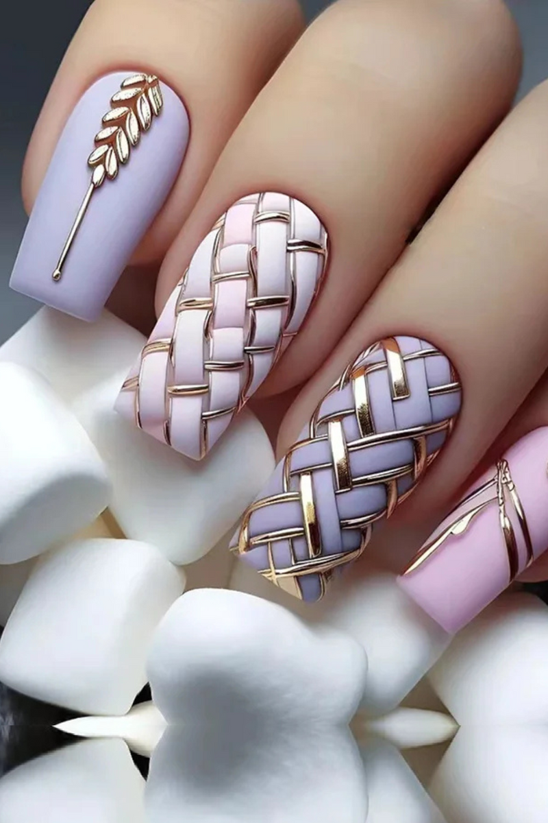 24 pieces long square French simple long wheat check nails +1 nail glue +1 nail file