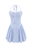 Blue Striped Halter Strapless Dress Women Front Button Low Waist Summer Backless Dresses