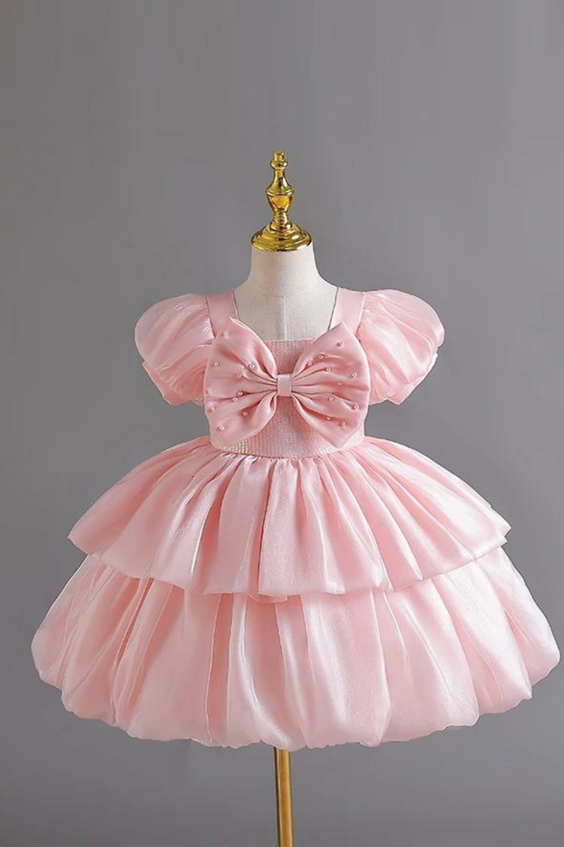 Summer Clothes Child Girl Pearl Bow Infant Dress Gown Kids White Layered Party Dresses robe princesses