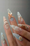 24pcs Blue Ocean Fake Nails Beach Shells Pearl False Nail Tips Almond Press on Nails