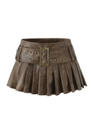 Retro belt buckle pleated skirt low waist leather short skirt