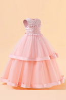 Girls Pink White Bridesmaid Dress For Wedding Lace Flower Appliques Ball Gown Girl Princess Elegant Birthday Party Costumes