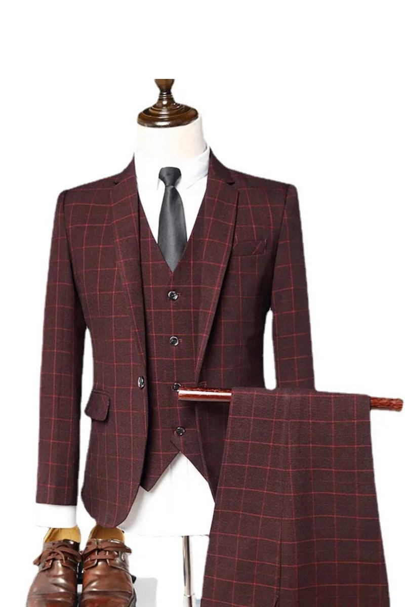 Blazer Vest Trousers Business Elegant Gentleman Plaid Slim Casual Formal Suit 3-piece