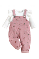 Kids Suit Set Solid Color O-Neck Long Sleeve Tops Floral Suspender Trousers for Girls