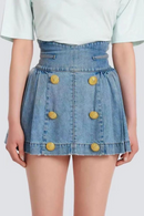 Denim Skirt Double Breasted Lion Button Pressed Pleated Washed Blue Denim Short Mini Skirt