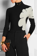 Latest Women Flower T-Shirts Spring Autumn Casual Basic Skinny Black Tops