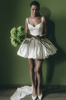 Elegant Two Wide Straps V-neck Short/Mini Satin Wedding Dresses Custom Made Bridal Grown
