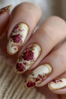 24Pcs Press-On Nails with Gold-Plated Rose Almond Classic Floral Design Elegant Nails Perfect As Gifts for Women