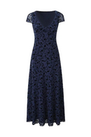 Women Floral Mesh Midi Dress High Waist Short Sleeve Summer Dresses