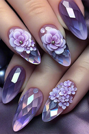 24Pcs Purple Press on Nails Flower Designs Almond Fake Nails Diamond Decor Woman Lady Wearable Manicure False Nails Tips