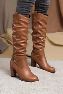 Boots Women Black Shoes Female Buckle Pleated Leather Block Heel Long Riding Boots Women