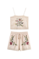 Women Suit Summer Suspenders Cropped Top Shorts Set Embroidered Flower Decoration Casual