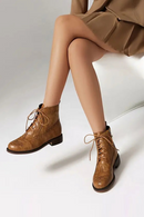 Women Ankle Boots Round Toe Block Heels 3.5cm Zipper Lace Up Female Bota
