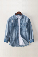 Spring Fall Denim Shirt Men Streetwear Ripped Jean Shirt