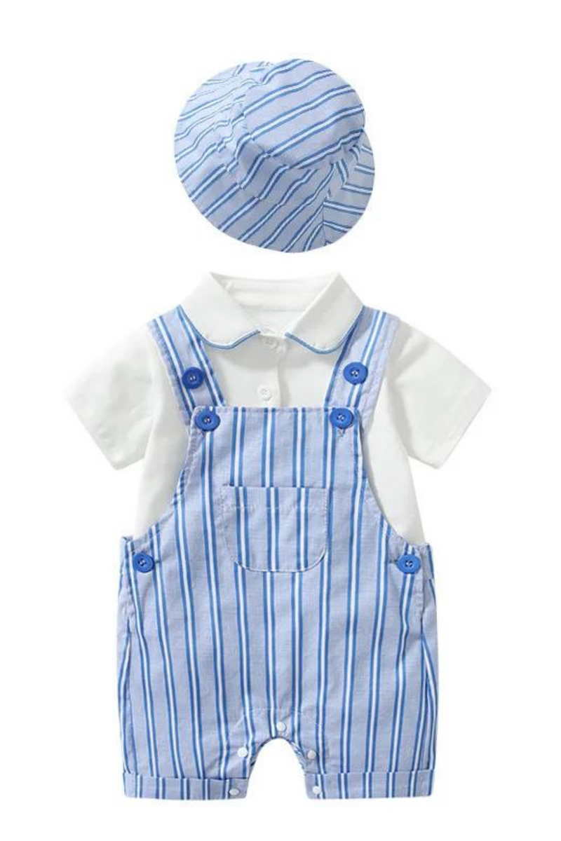 Baby Summer Boys Cute Blue Striped Overalls with Hat Solid T-shirt Children Casual Wear