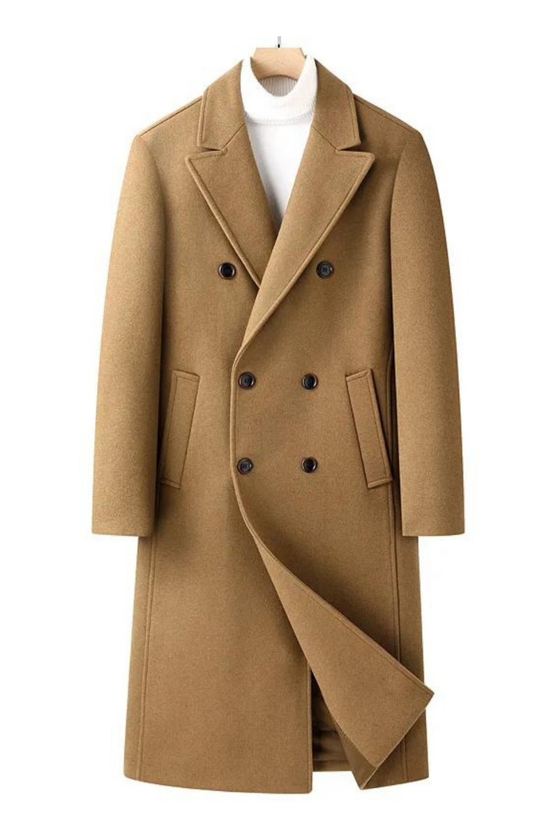 Mens Wool Blend Trench Coat Autumn Winter Double Breasted Long Pea Coat Casual Notched Lapel Classic Overcoat Man