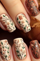 Short Square Head Fake Nails Leaf False Nails with Flowers Press on Nails