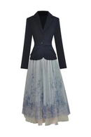 Spring Skirts Suit Women Notched collar Long sleeve Black Belt Blazer Mesh Skirt