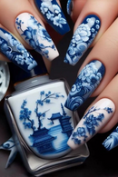 24pcs Blue and White Porcelain False Nails with Designs Long Press On Nails