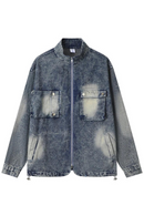 Vintage Cargo Denim Jacket Multi Zip-up Blue Jeans Jacket Men Oversized Hip Hop Streetwear Jacket