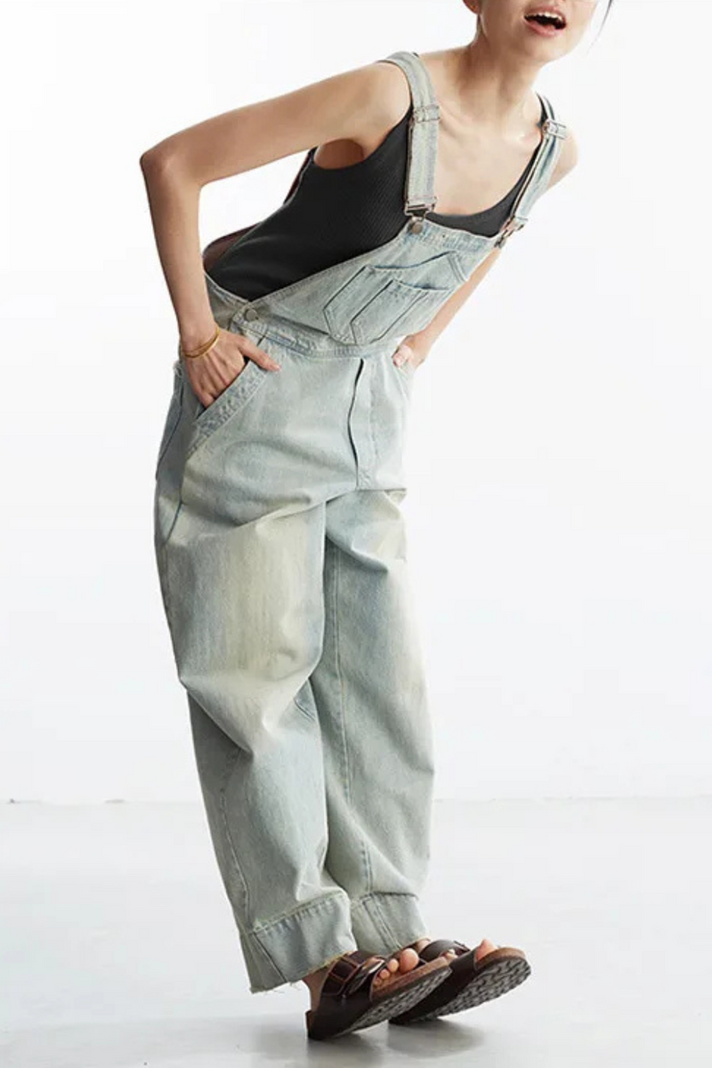 Women Light Blue Denim Overalls Versatile Slimming Look Straight Jumpsuit Autumn