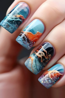 24Pc Ocean Press on Nails Unique False Nails Wearable Short Manicure Fake Nails Square Head Full Over Manicure Tips