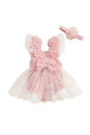 0-24M Infant Baby Girl Romper Dress Sleeveless Bow Flower Lace Tulle Dress Bodysuit Headband Newborn Summer Outfits