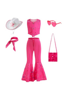 Girls Barbie Cosplay Costume Party Bow Pink Plaid Dress Clothing Set