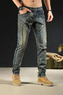Jeans for Men Motorcycle Slim Fit Trousers Straight Retro Casual