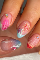 24Pcs Almond Shape Head Press on Fake Nails Short Round Head Full Cover Nail Tip Art Starfish Design Nails