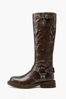 Women Pleated Thick Heel Knee High Women Boots, Knight Boots Round Toe Side Zipper Mid Leg Boots