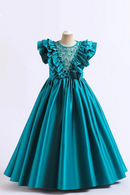 Baby Girls Flower Sequins Flying Sleeve Embroidery Dress Teenager Children's Embroidered Bow Tulle Satin Long Dress