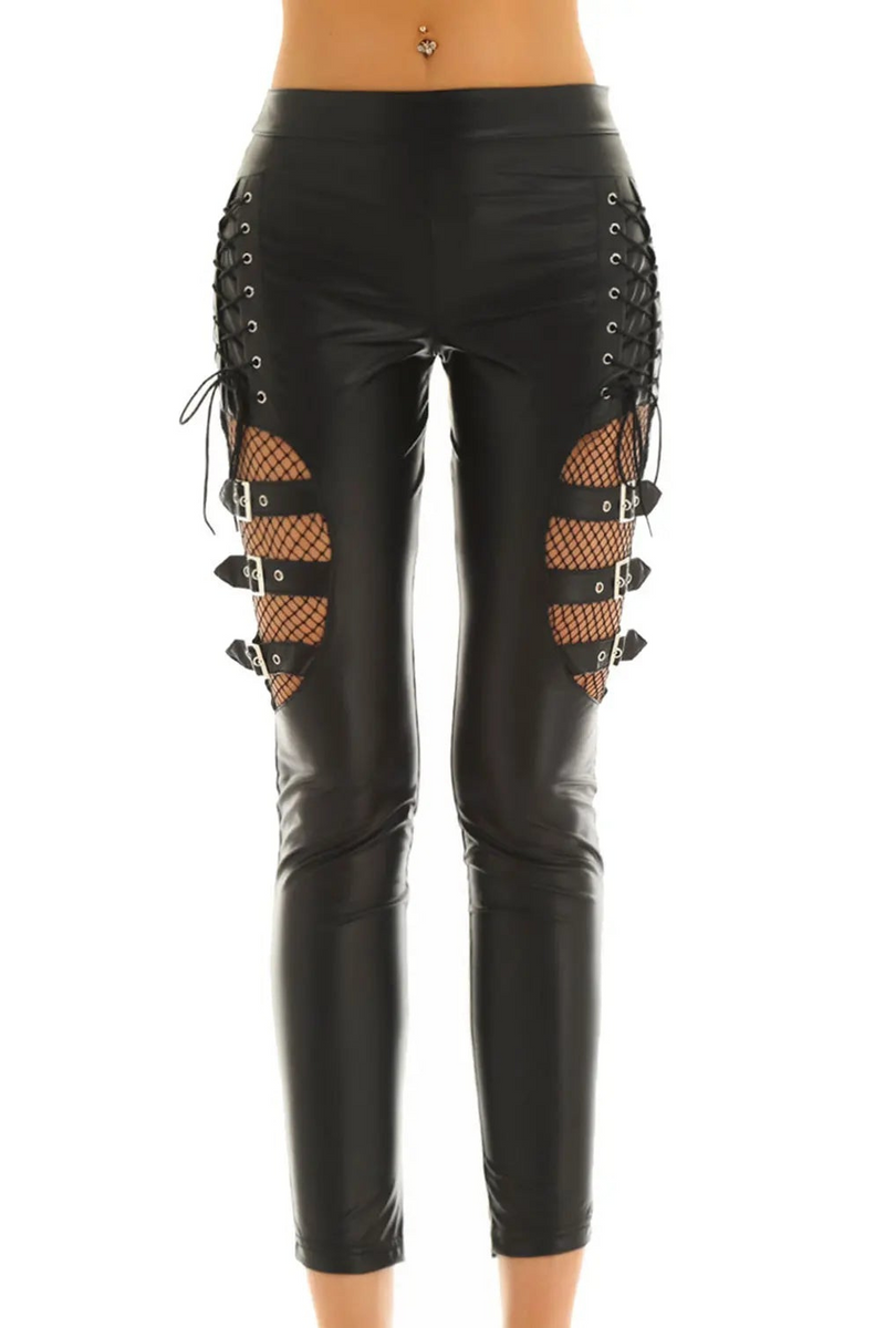 Women Pants Look Faux Leather Mid Splice Thigh with Buckles Side Lace Up Stretchy Trousers
