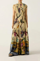 Vintage Pattern Print Long Pleated Dress Woman Spring Elegant O Neck A-Line Maxi Dresses Summer Short Sleeve Vacation Boho Dress